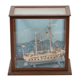 CASED PRIMITIVE MODEL OF A BATTLESHIP Late 19th Century Case height 20". Width 20.5". Depth 12".