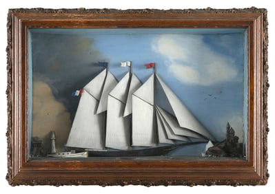 SHADOW BOX MODEL OF A THREE-MASTED FRENCH SCHOONER Late 19th/Early 20th Centry Height 18.5". Width