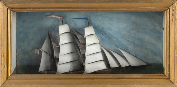 SHADOW BOX MODEL OF A THREE-MASTED AMERICAN SAILING VESSEL Late 19th/Early 20th Century Height