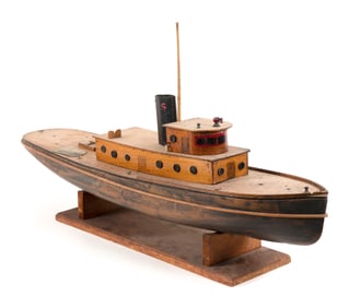 TUGBOAT MODEL Probably Mid-20th Century Height to stack 14". Length approx. 36.5". Width 9".