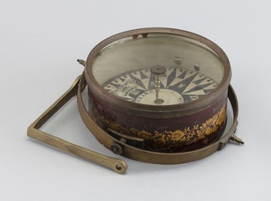 DRY CARD COMPASS WITH PAINTED TIN CASE 19th Century Case diameter 7.5".