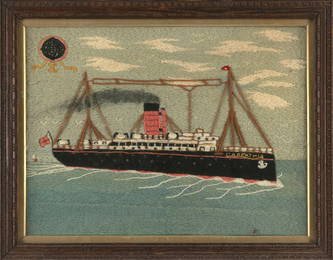 WOOLWORK PICTURE OF THE "CARPATHIA" First Half of the 20th Century 16" x 21" sight. Framed 19.75" x