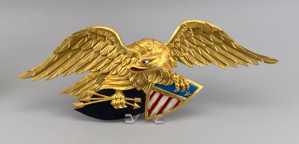 WILLARD SHEPARD CARVED WOODEN EAGLE PLAQUE Waterford, Connecticut, 1912-1965 Height 9". Length 24".