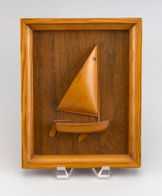 WILLARD SHEPARD MOUNTED HALF MODEL OF A DYER DHOW SAILBOAT Waterford, Connecticut, 1912-1965