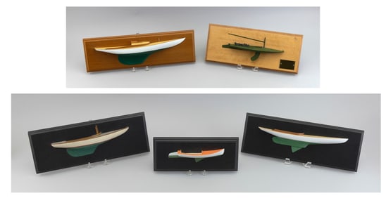 FIVE SMALL MOUNTED HALF HULL MODELS Late 20th Century Backboard lengths from 11.5" to 22".