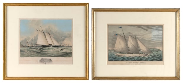 TWO PRINTS OF THE RACING YACHT "AMERICA" 19th Century Framed to 17.5" x 19.5".