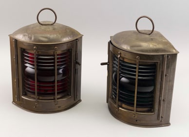 PAIR OF PERKO BRASS PORT AND STARBOARD LANTERNS Late 19th/Early 20th Century Heights 10.25".