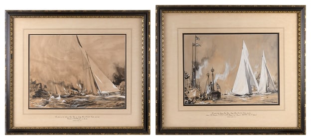 CHARLES EDWARD DIXON (England, 1872-1934), Pair of America's Cup illustrations:, Watercolors and