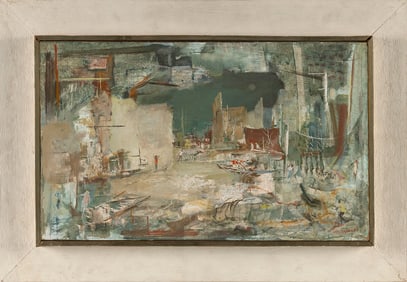 WILLIAM MAYNARD (Massachusetts, 1921-2016), "Hide and Seek"., Oil on masonite, 12" x 20". Framed