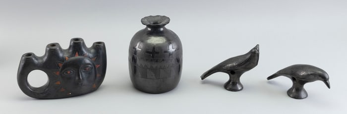 FOUR PIECES OF MEXICAN BLACK GLAZE POTTERY 20th Century