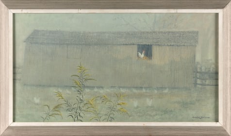 BARCLAY LAWRENCE JACOB RUBINCAM (Pennsylvania, 1920-1978), "Sunrise at the Corn Crib"., Oil on