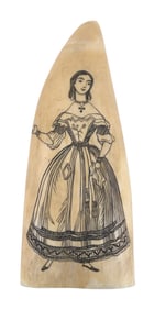 SCRIMSHAW WHALE'S TOOTH DEPICTING A WOMAN 19th Century Length 5.75".