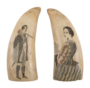 PAIR OF POLYCHROME SCRIMSHAW WHALE'S TEETH WITH FINELY RENDERED PORTRAITS 19th Century Length 4.5".