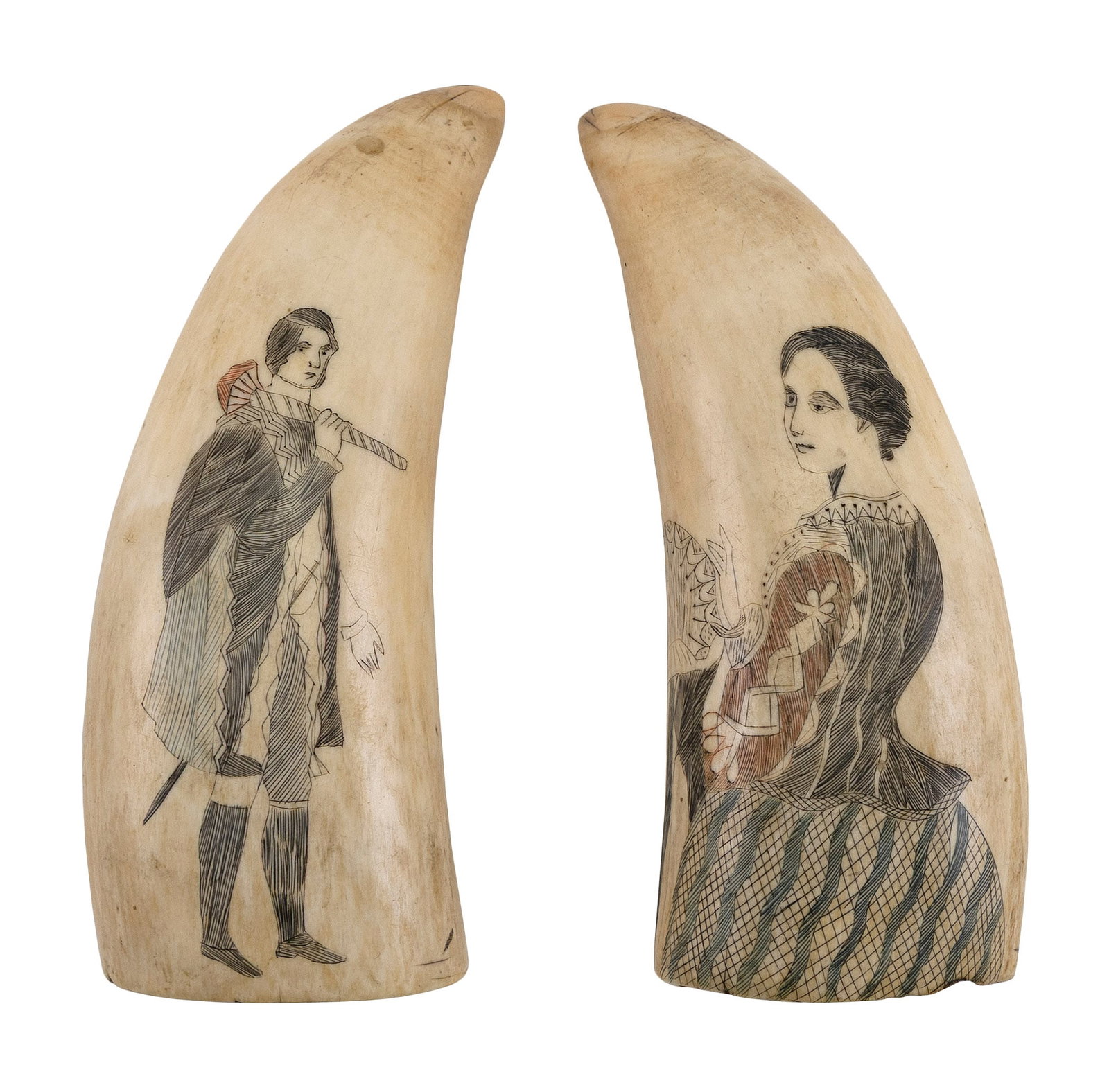 PAIR OF POLYCHROME SCRIMSHAW WHALE'S TEETH WITH FINELY RENDERED PORTRAITS 19th Century Length 4.5".: PAIR OF POLYCHROME SCRIMSHAW WHALE'S TEETH WITH FINELY RENDERED PORTRAITS 19th Century A man in a long cloak and a woman in a patterned dress. Length 4.5".