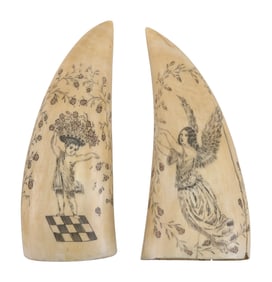 PAIR OF POLYCHROME SCRIMSHAW WHALE'S TEETH 19th Century Lengths 5".