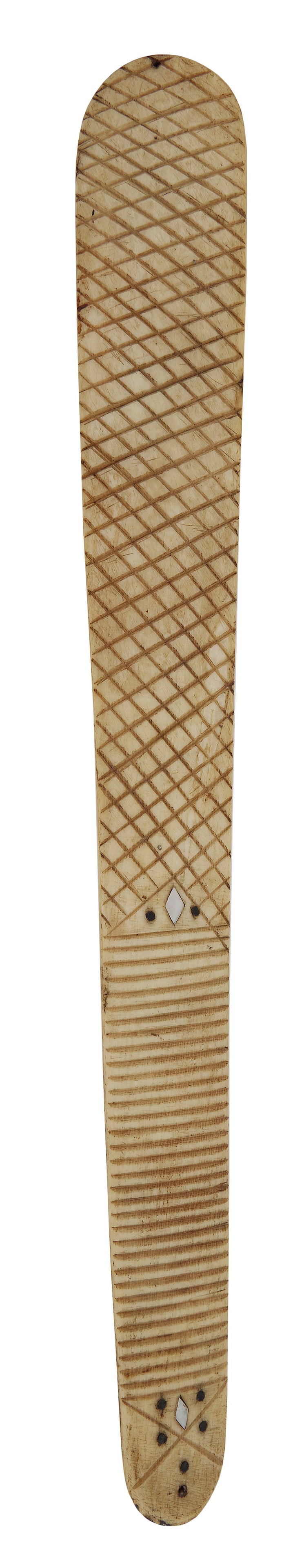 RARE WHALEBONE SHOE HORN 19th Century Length 18.5".: RARE WHALEBONE SHOE HORN19th CenturyOne of the only examples we have ever seen as very few remain in existence. Carved horizontal banding and crosshatching and inset ebony and mother-of-pearl diamonds