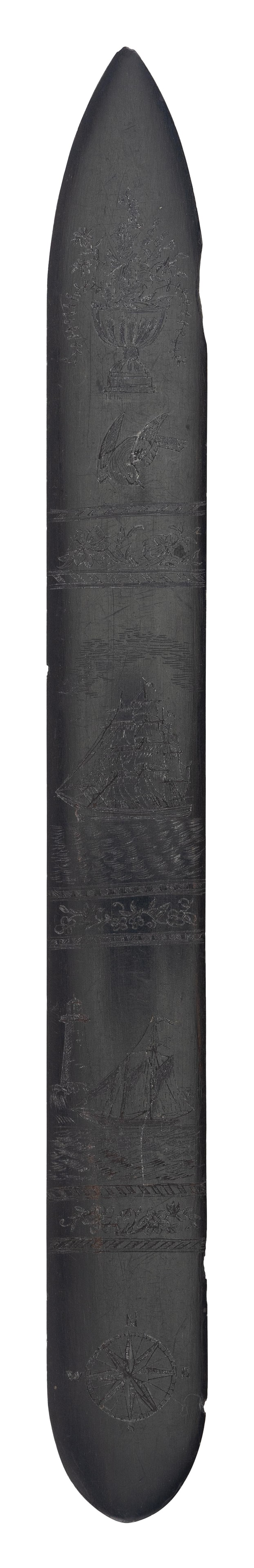 SCRIMSHAW BALEEN LETTER OPENER 19th Century Length 11.75".: SCRIMSHAW BALEEN LETTER OPENER19th CenturyDepicts flowers, ships and a compass rose.Length 11.75".