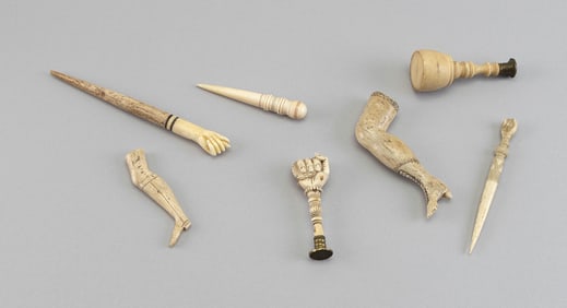 SEVEN WHALEBONE AND WHALE IVORY IMPLEMENTS 19th Century Lengths from 2.75" to 5.75".