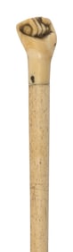 CARVED WHALE IVORY AND WHALEBONE CANE 19th Century Length 32.25".