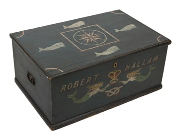 CHEST WITH PAINTED MARITIME DECORATION Late 19th/Early 20th Century Height 16.75". Width 37.25".