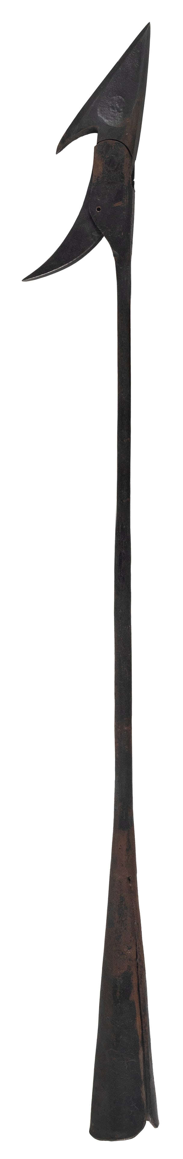 COMMEMORATIVE TEMPLE-TYPE TOGGLE-HEAD HARPOON 20th Century Length 32".: COMMEMORATIVE TEMPLE-TYPE TOGGLE-HEAD HARPOON 20th Century Hellman describes this as an "exaggerated reproduction", made in the Peters/Driggs ship's smith shop at Mystic Seaport, 1986, to commemorate 