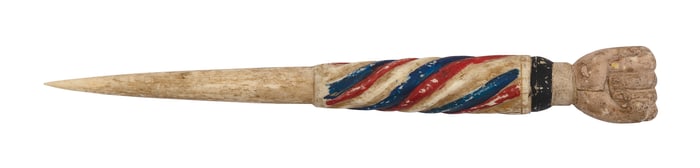 CARVED AND POLYCHROMED BONE CLENCHED FIST FID Mid-19th Century Length 7.5".