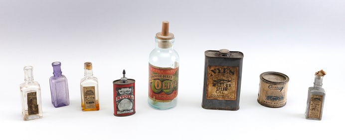 EIGHT TINS AND BOTTLES, MOST FOR WHALE OIL 19th Century
