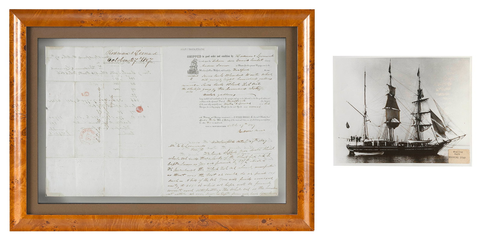TWO PIECES OF WHALING EPHEMERA: TWO PIECES OF WHALING EPHEMERA 1) Bill of lading dated October 27, 1847 for the schooner Daniel Crockett of New Bedford, captained by Andrew Snow, bound for Hartford, with a shipment of winter whale o