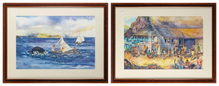 WREN BYNOE (America, 1950-), Two whaling scenes:, Watercolors, 14.5" x 21.75" sight. Framed 22.25" x