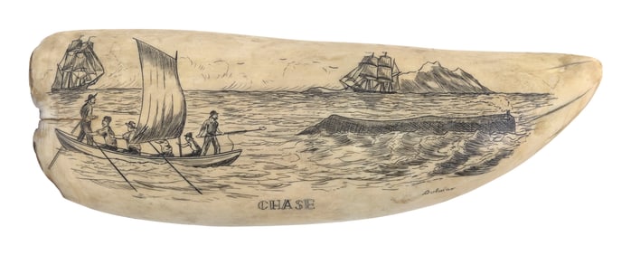 * ENGRAVED WHALE'S TOOTH "CHASE" 20th Century Length 8".