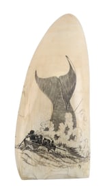 * ENGRAVED WHALE'S TOOTH WITH WHALING SCENE 20th Century Length 6.5".