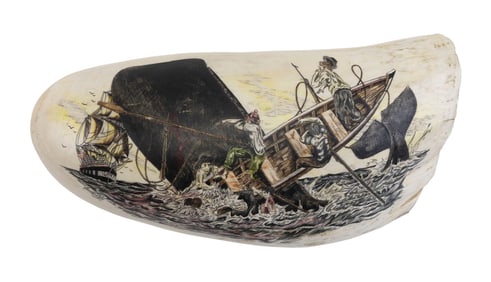 * POLYCHROME ENGRAVED WHALE'S TOOTH WITH STOVED BOAT SCENE 20th Century Length 7".