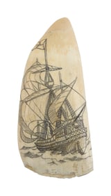 * ENGRAVED WHALE'S TOOTH DEPICTING THE STERN OF AN 18TH CENTURY SHIP 20th Century Length 5.5".