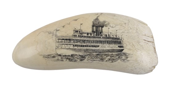 * ENGRAVED WHALE'S TOOTH DEPICTING THE STEAMBOAT "PETER STUYVESANT" 20th Century Length 7".