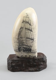 * ENGRAVED WHALE'S TOOTH DEPICTING THE "CHARLES W. MORGAN" 20th Century Total height 6.5".