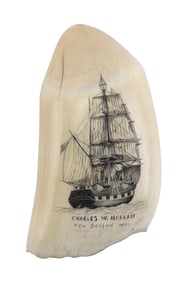 * ENGRAVED WHALE'S TOOTH DEPICTING THE "CHARLES W. MORGAN" 20th Century Length 5.25".