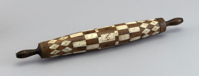 UNUSUAL BONE-INLAID WOODEN ROLLING PIN 19th Century Length 16.5".