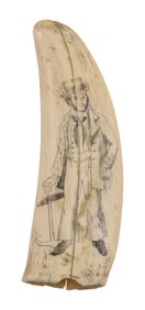 SCRIMSHAW WHALE'S TOOTH DEPICTING A SAILOR 19th Century Length 5.25".