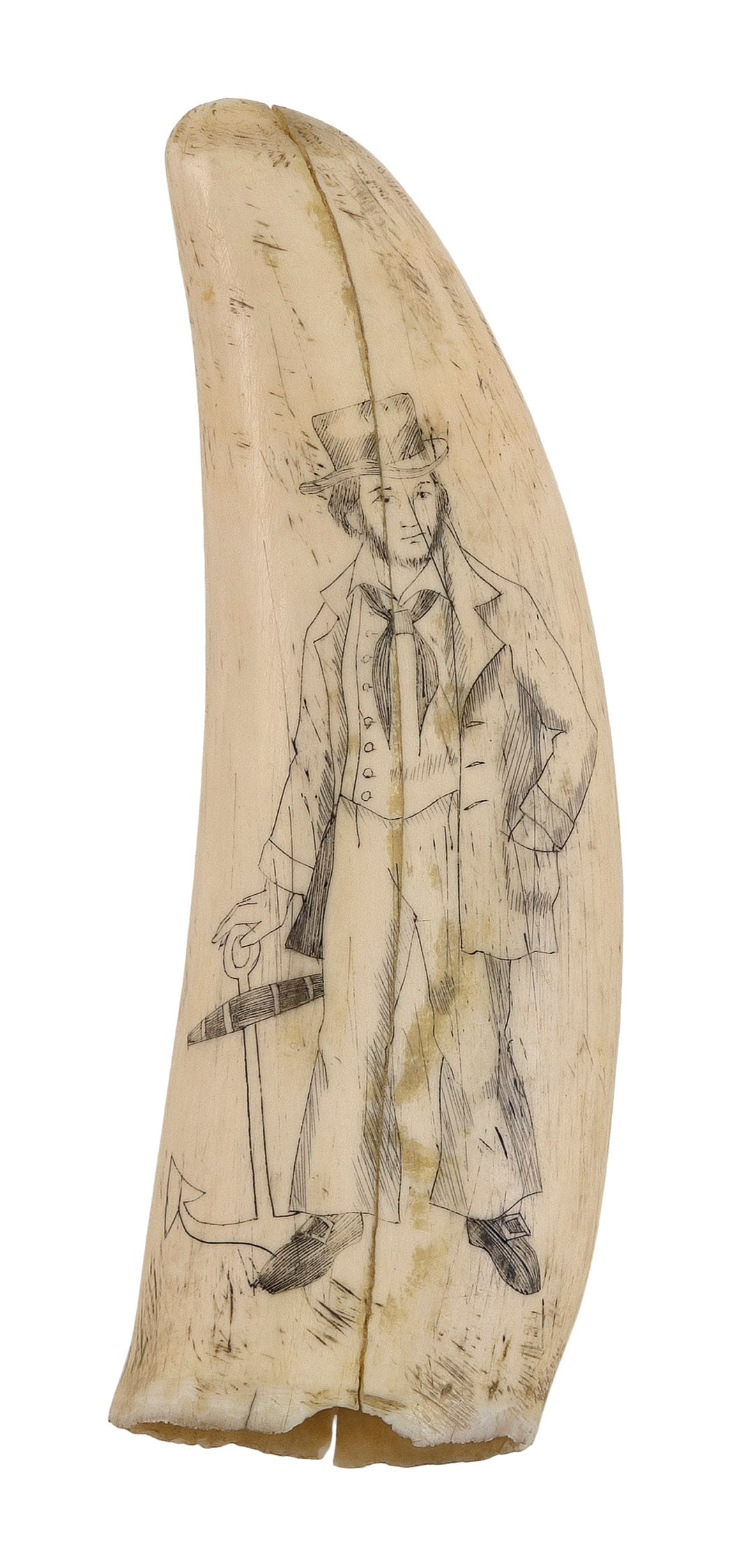 SCRIMSHAW WHALE'S TOOTH DEPICTING A SAILOR 19th Century Length 5.25".: SCRIMSHAW WHALE'S TOOTH DEPICTING A SAILOR 19th Century Standing next to an anchor. Length 5.25".