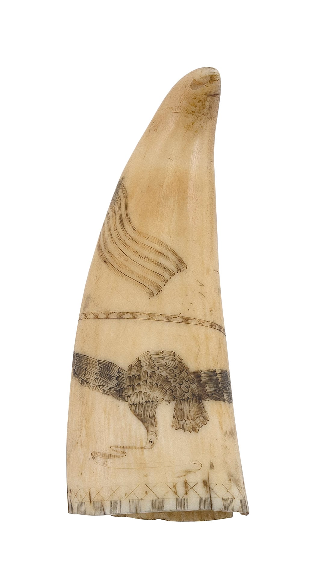 POLYCHROME SCRIMSHAW WHALE'S TOOTH WITH PATRIOTIC IMAGERY 19th Century Length 5".: POLYCHROME SCRIMSHAW WHALE'S TOOTH WITH PATRIOTIC IMAGERY 19th Century Images of an American flag, a landscape and a spread-wing eagle are set off by geometric banding. Length 5".