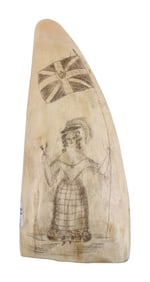 SCRIMSHAW WHALE'S TOOTH WITH BRITISH MOTIFS 19th Century Length 5".