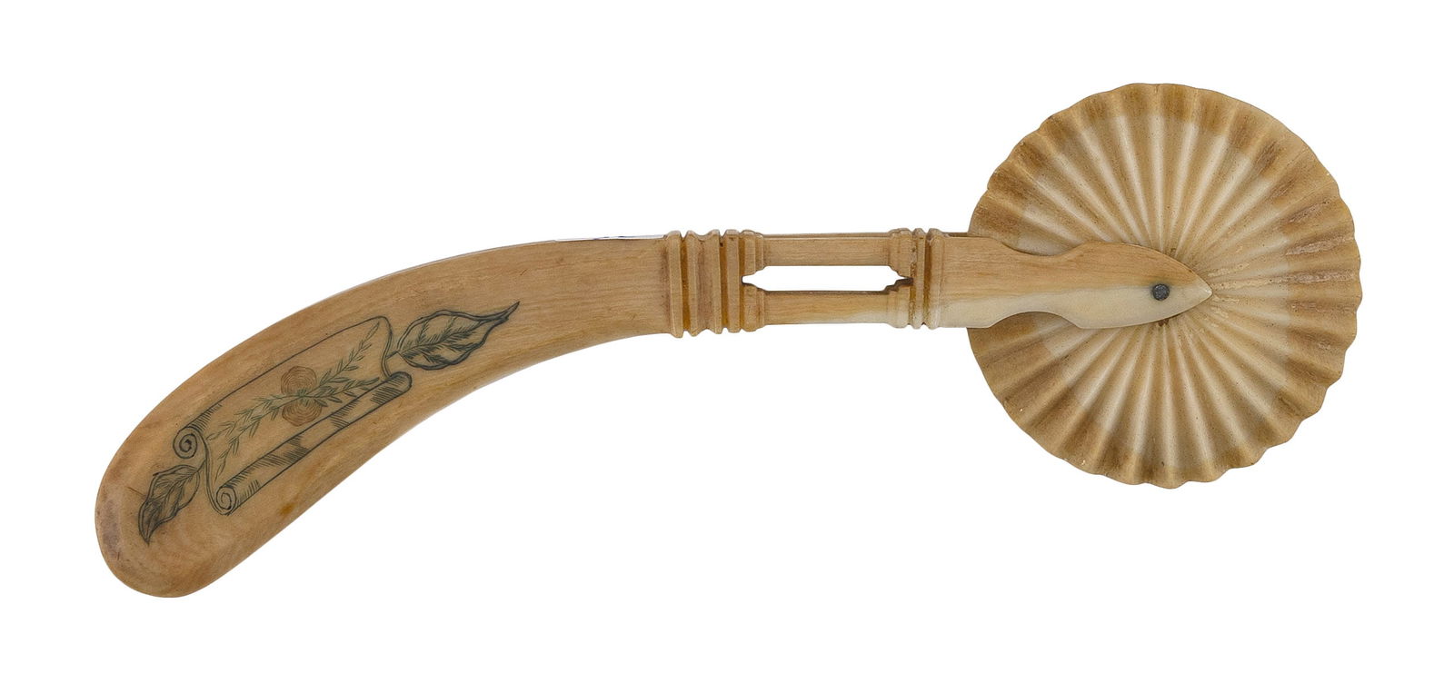POLYCHROME SCRIMSHAW WHALE IVORY PIE CRIMPER 19th Century Length 6".: POLYCHROME SCRIMSHAW WHALE IVORY PIE CRIMPER19th CenturyPistol grip handle with floral and vine decoration. Nice patina.Length 6".