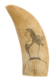 SCRIMSHAW WHALE'S TOOTH DEPICTING A WOMAN 19th Century Length 5".