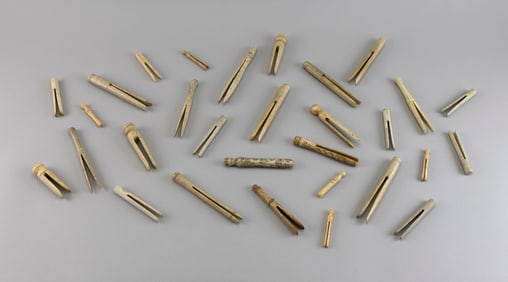 APPROX. 20 WHALEBONE CLOTHESPINS 19th Century Lengths from 3.5" to 7".