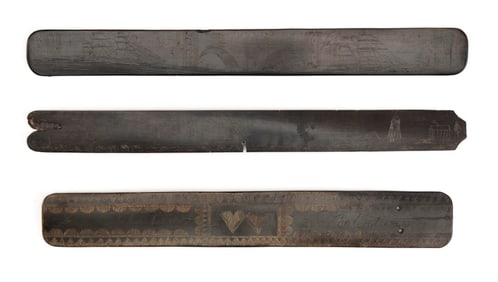THREE SCRIMSHAW BALEEN BUSKS 19th Century Lengths from 13" to 14".