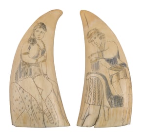 PAIR OF POLYCHROME SCRIMSHAW WHALE'S TEETH WITH PORTRAITS 19th Century Lengths 5.25".