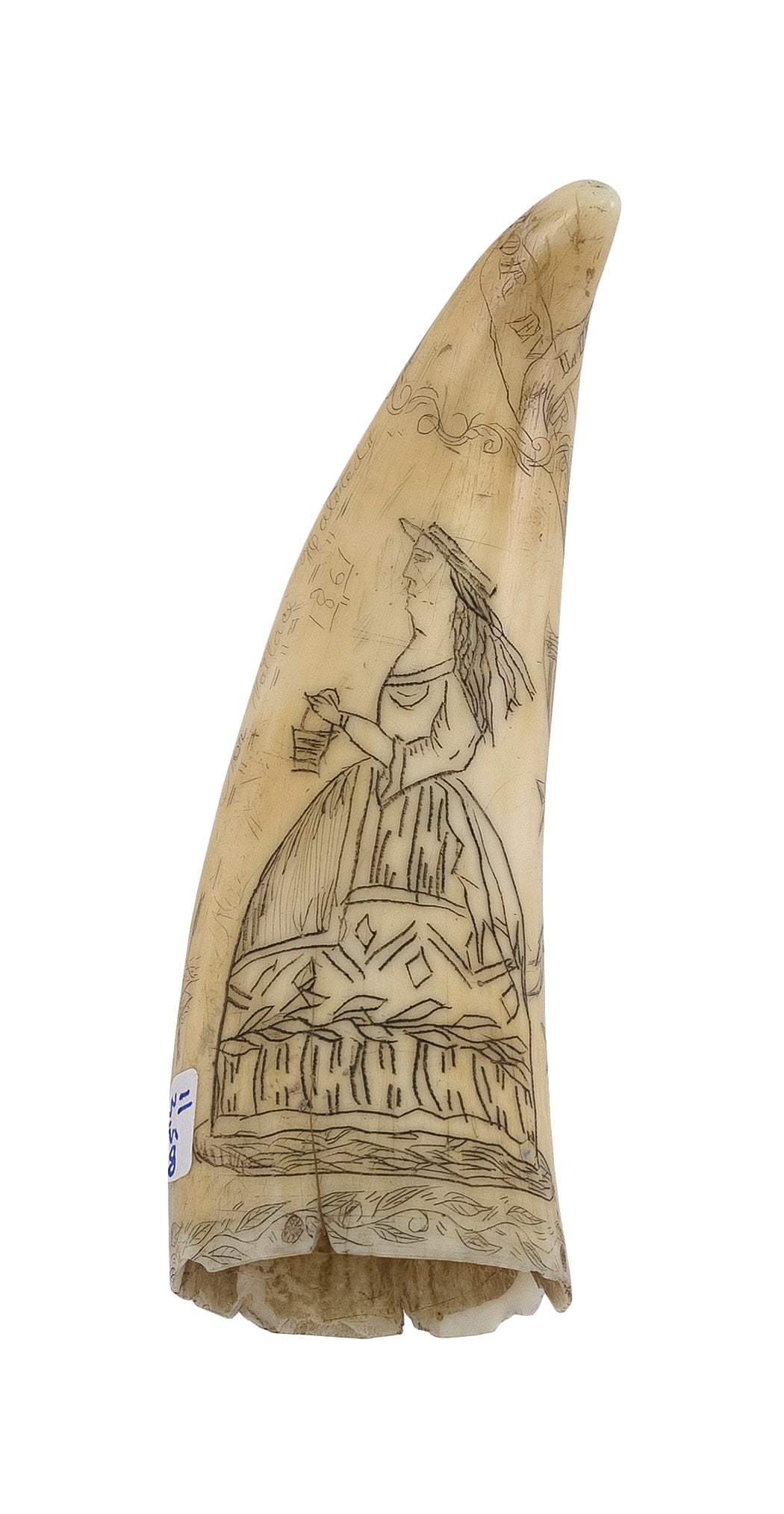 SCRIMSHAW WHALE'S TOOTH WITH ABUNDANT DECORATION 19th Century Length 5".: SCRIMSHAW WHALE'S TOOTH WITH ABUNDANT DECORATION 19th Century Depicts a maritime emblem of an eagle, flags, an anchor within a wreath and crossed cannons, as well as a spread-wing eagle with a "Plurib