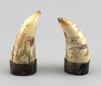 PAIR OF SCRIMSHAW WHALE'S TEETH WITH MULTIPLE IMAGES 19th Century Lengths 4.25".