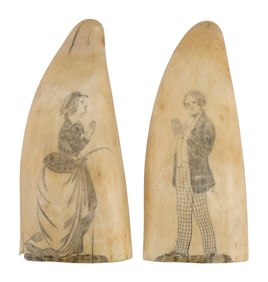 PAIR OF SCRIMSHAW WHALE'S TEETH WITH PORTRAITS Late 19th Century Length 5.25".