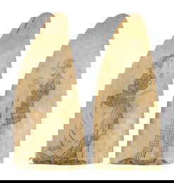 PAIR OF SCRIMSHAW WHALE'S TEETH WITH PORTRAITS Late 19th Century Length 5.25".